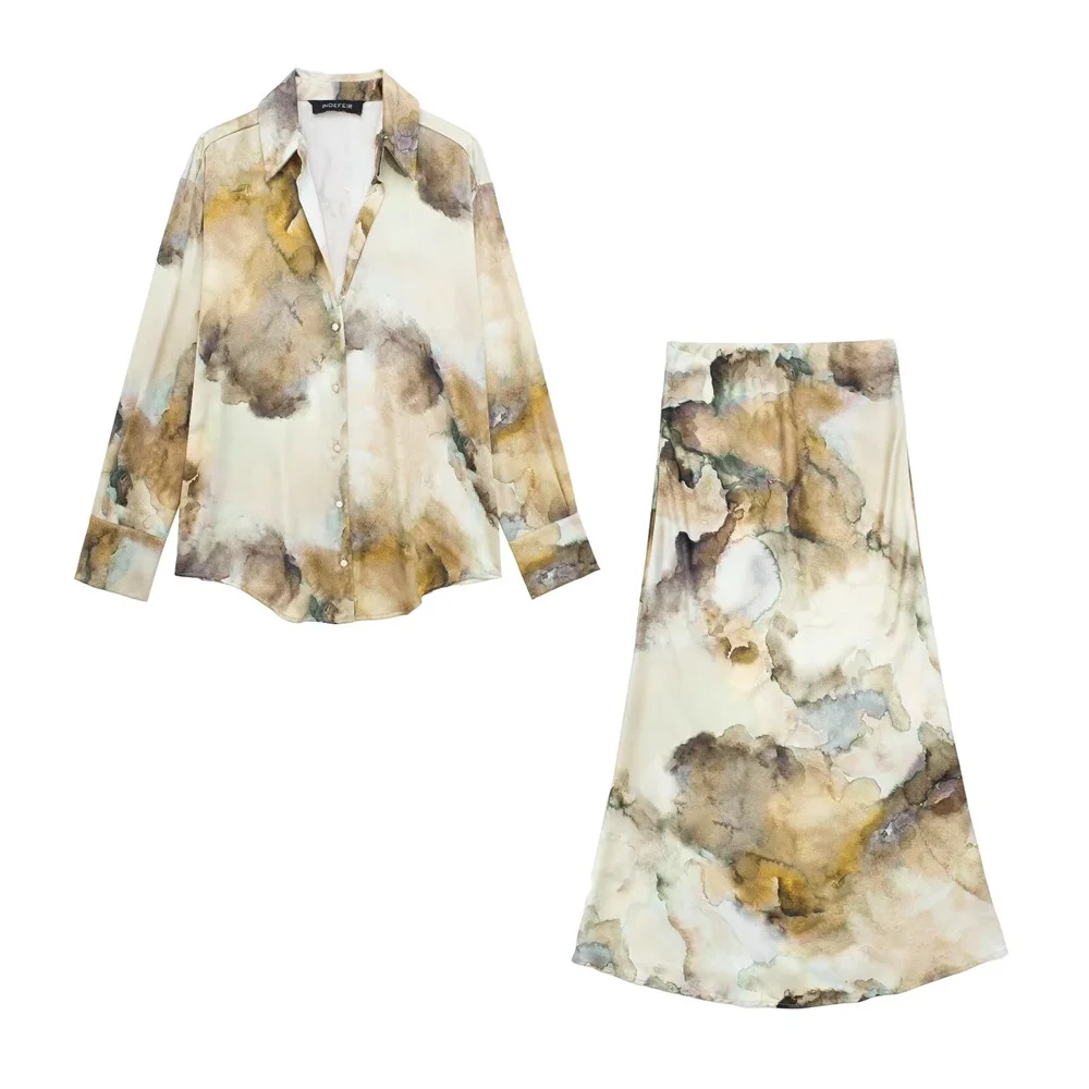 2024 Women\'s Fashion New Tie Dyed Silk Texture Shirt&Skirt Set