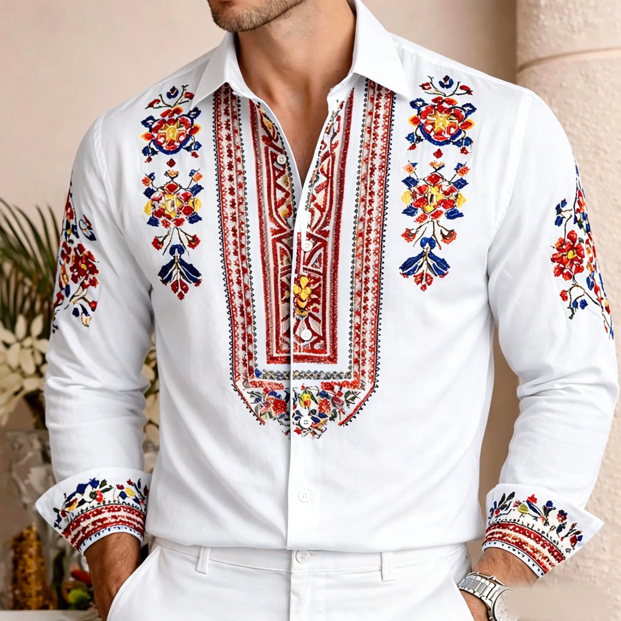 Men's Collar Long Sleeved Shirt with Ethnic Floral Geometric Print, Bohemian Traditional Pattern, Casual Holiday Men's Shirt