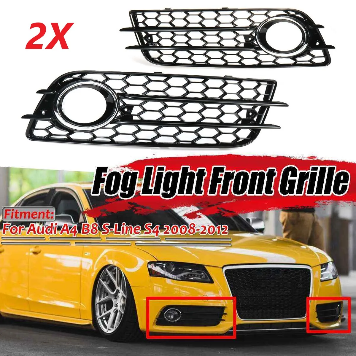 For Audi A4 B8 S-line S4 2009-2012 Fog Lamp Grill RS4 Style Front Bumper Lower Grille Cover Honeycomb Mesh Fog Light Grill