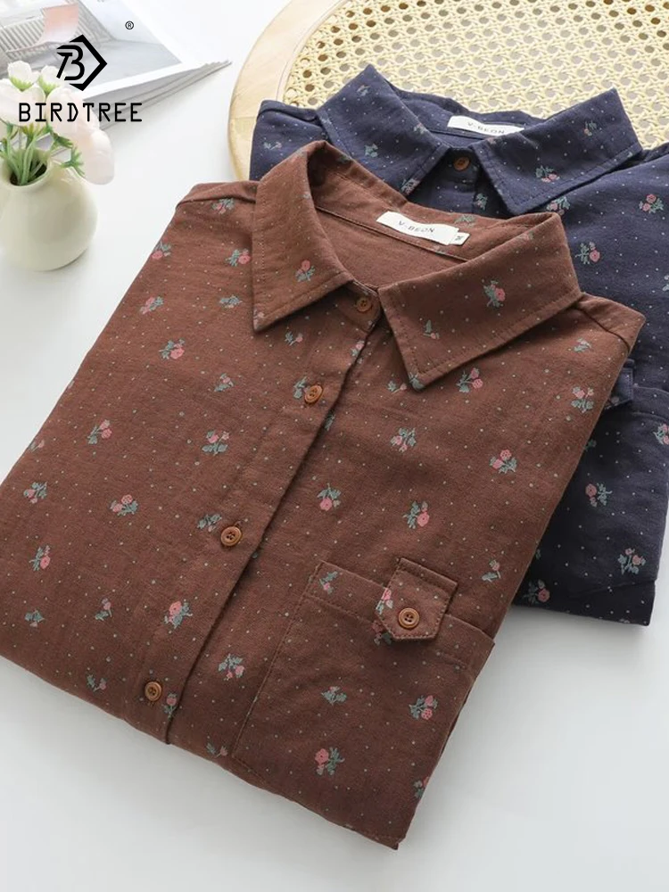 

Новая женская хлопковая рубашка с длинным рукавом на весну 2026 года, с отложным воротником и принтом, в стиле Mori Girl, тонкая свободная блузка в стиле преппи T64155CC