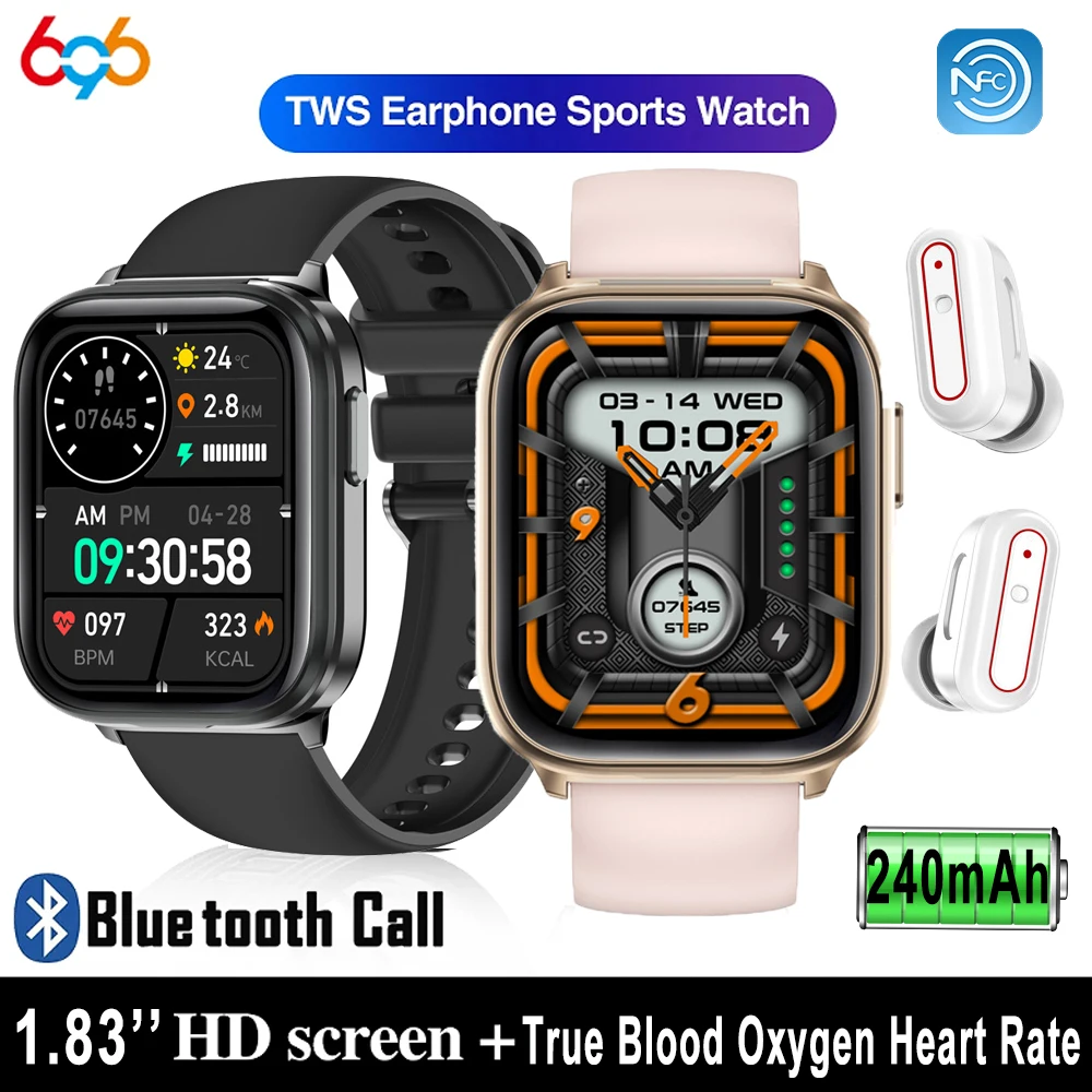 

2 In 1 TWS Blue Tooth Headset Smart Watch Sports Waterproof Music Headphone Watches Heart Rate Health NFC Earphone Smartwatch