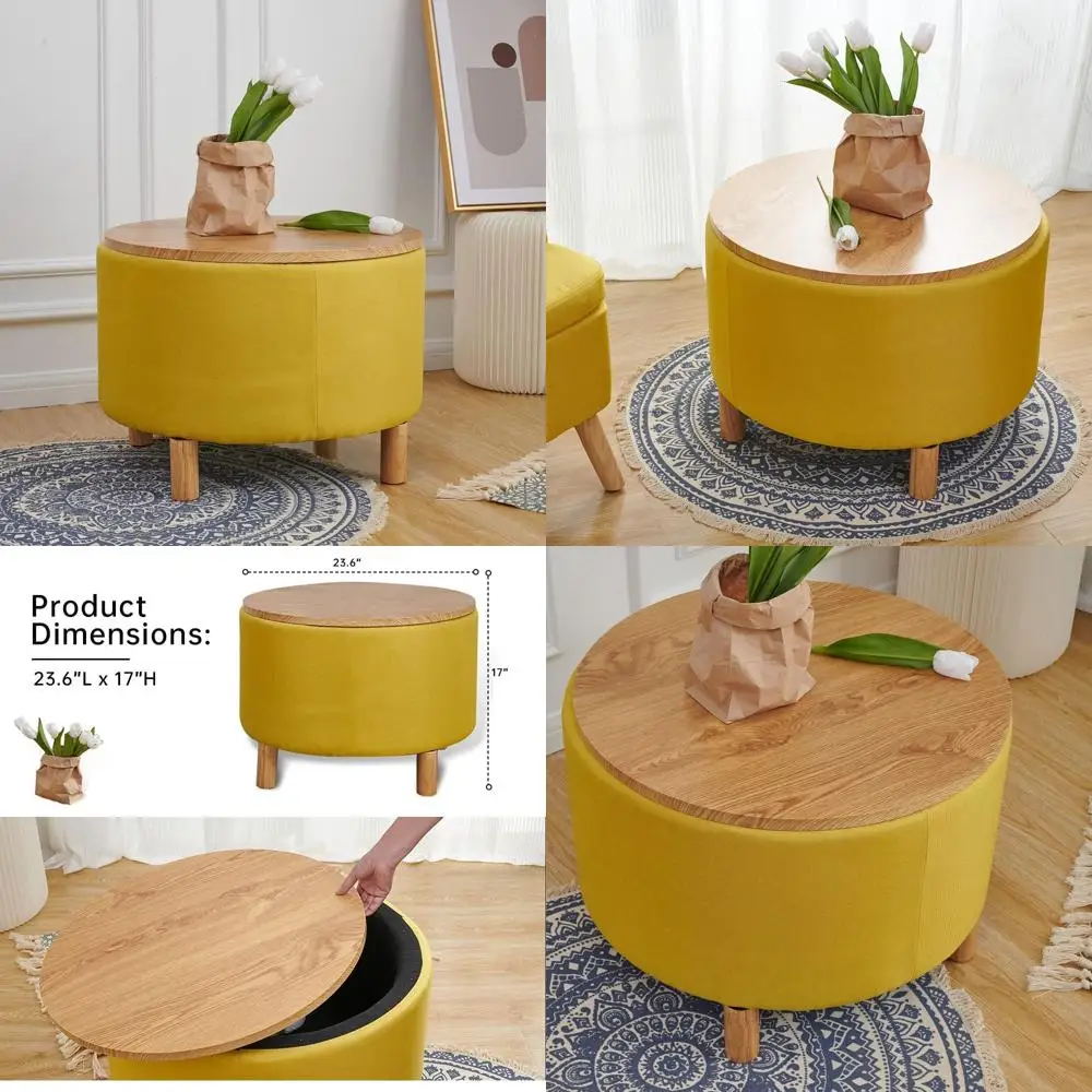 

Круглый пуфик с местом для хранения, журнальный столик, ножки из массива дерева, съемный поднос с деревянной крышкой, приставной столик для дивана