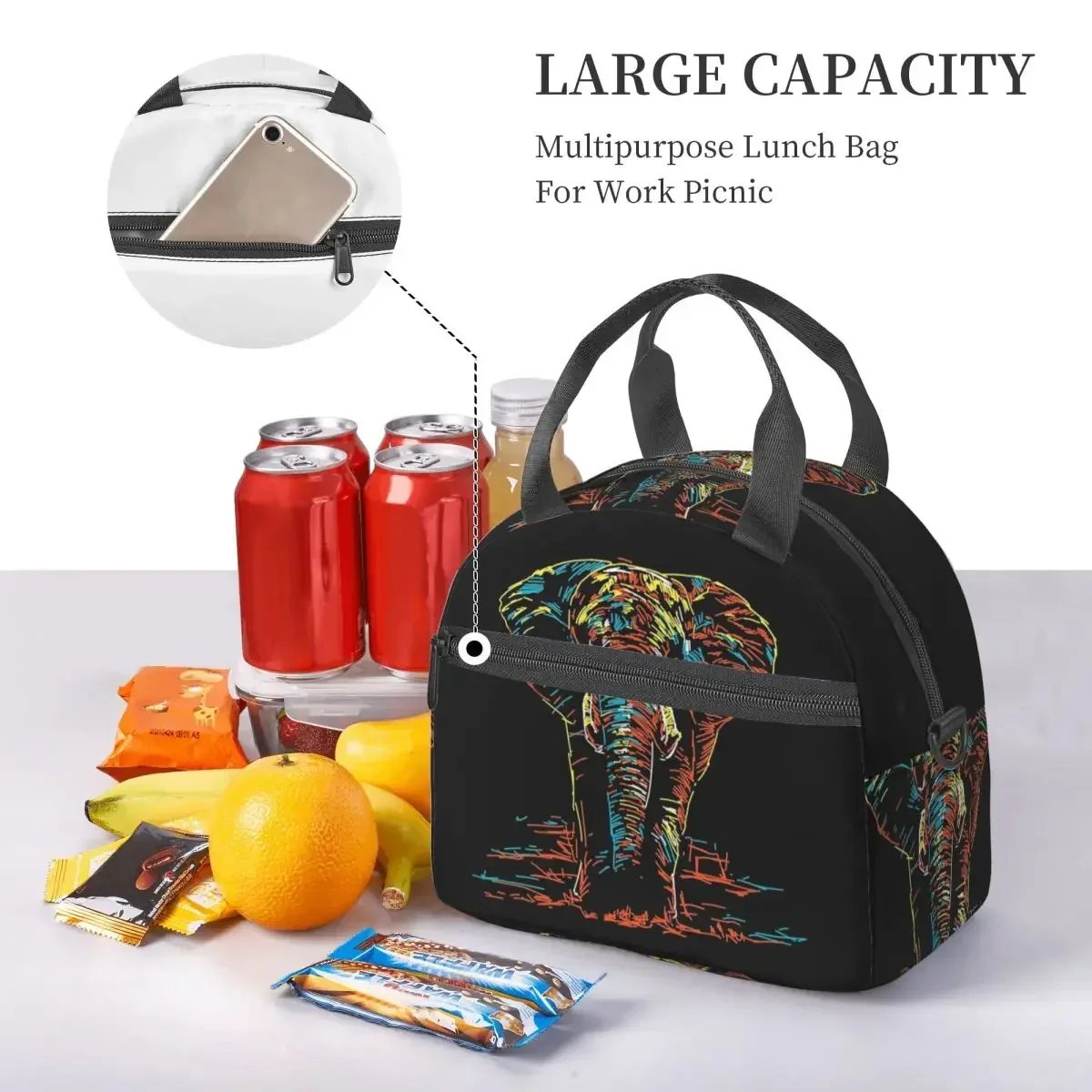 Colourful Abstract Elephant Neon Illustration Insulated Lunch Bag for School Bento Storage Food Boxes Cooler Thermal Lunch Box