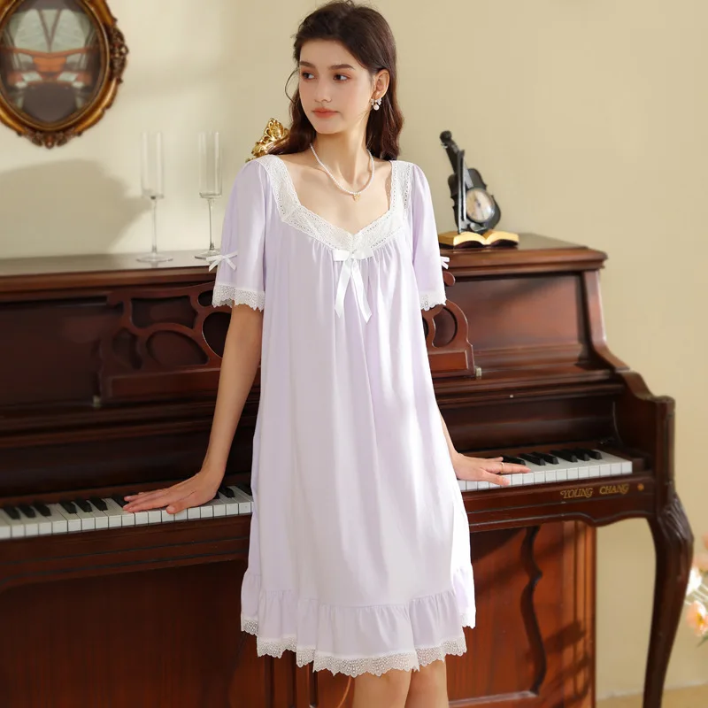 

Women Sweet Cotton Nightgown Short Sleeve Suqare Collar Princess Pajamas Retro Palace Lace Sleepwear Bow Loose Loungewear 2025