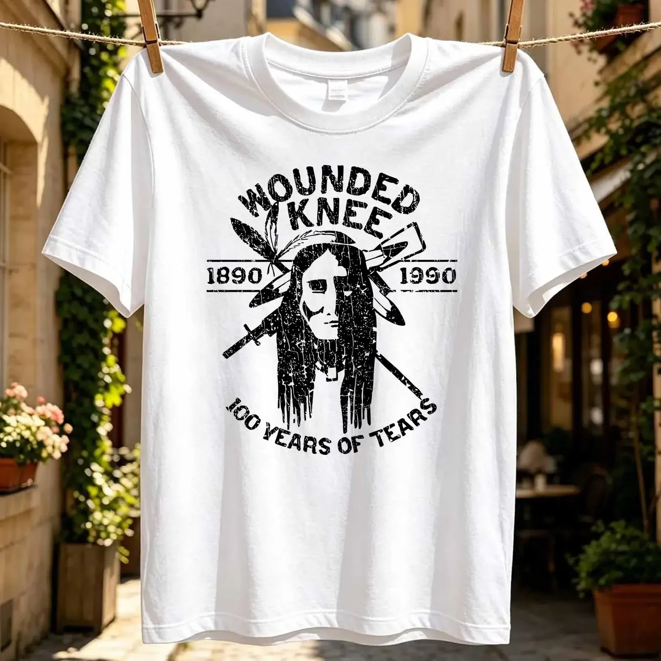 washed T Shirt Wounded Knee 1890 1990 Vintage Men s long or short sleeves vintage Washed Top For Everyday Wear graphic