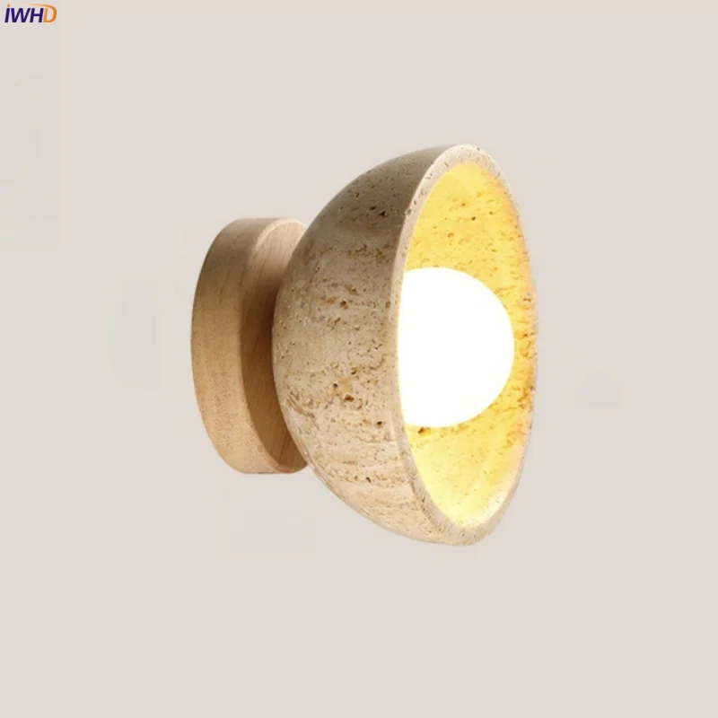 

IWHD Japan Wabi Sabi LED Wall Lights Decoration Living Room Bathroom Mirror Wood Yellow Travertine Bedside Lamps Applique Murale