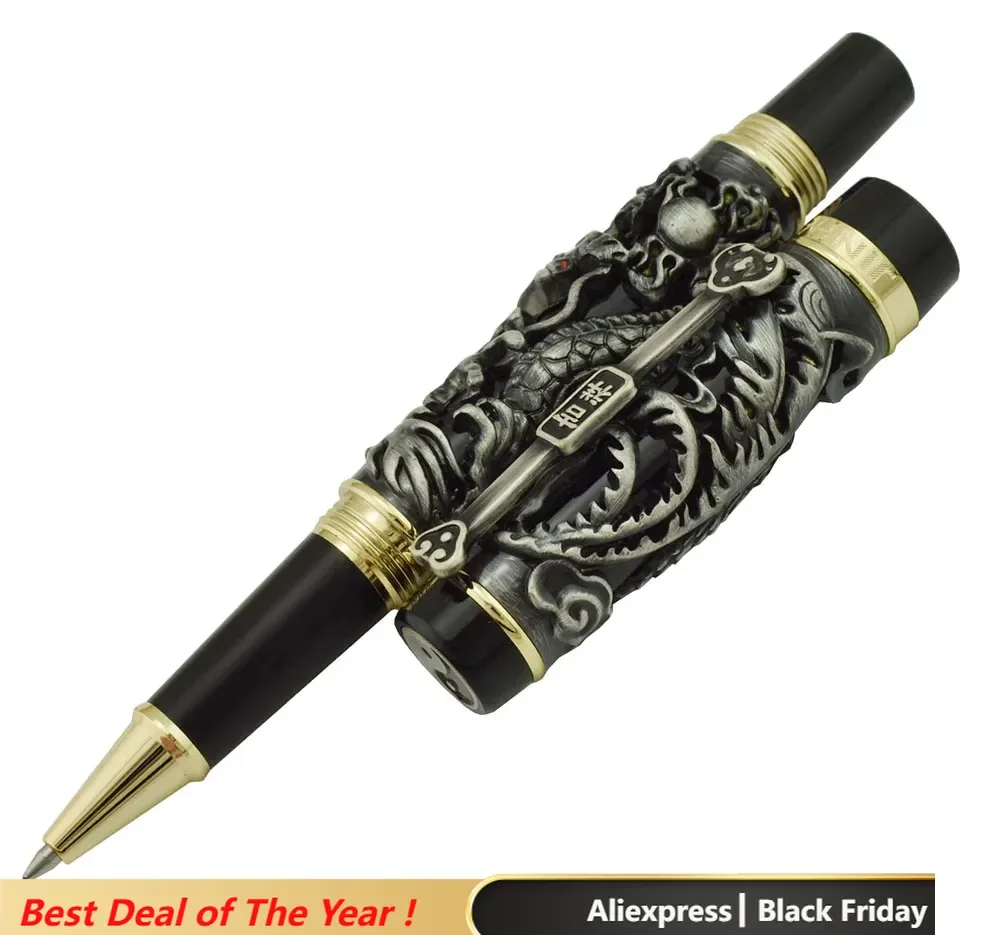 Jinhao Dragon Phoenix Vintage Luxurious Rollerball Pen, Metal Carving Embossing Heavy Pen, Noble Gray & Black for Office