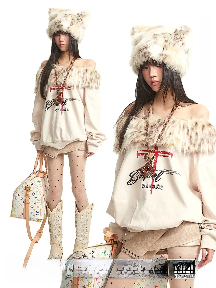 

UNCMHISEX Vintage Apricot One-oulder Fur Collar Long Sve Sweatirt Women Early Autumn Lazy Sle Loose Top