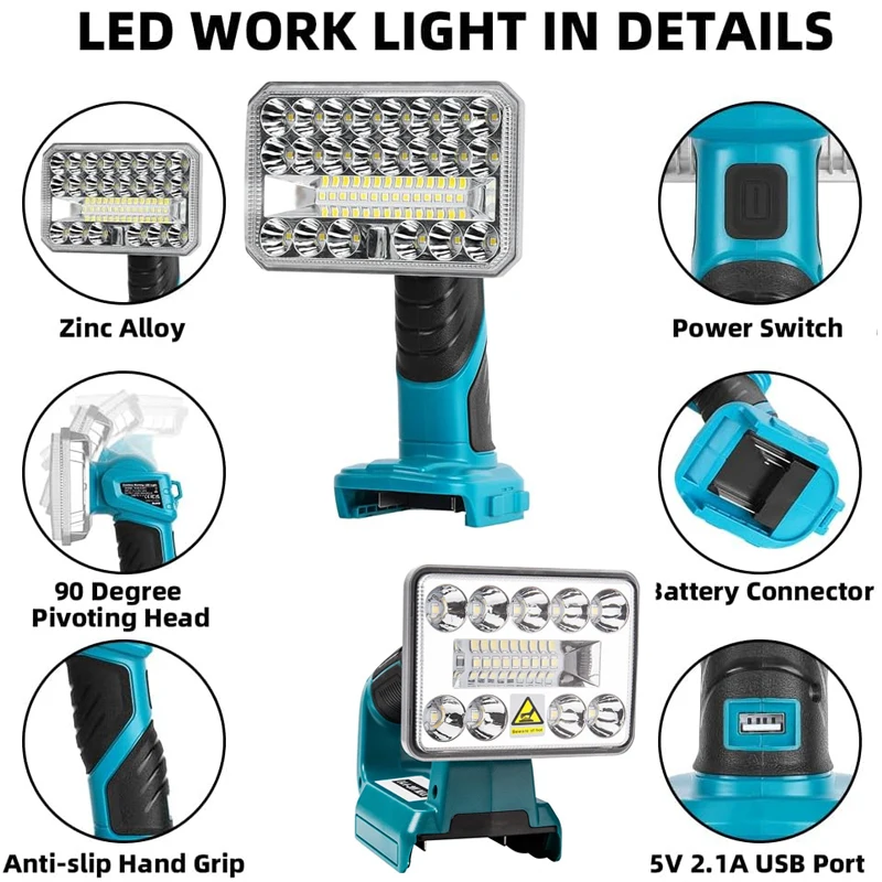 

2000LM 18V LED Flashlight Indoor for Makita BL1430 BL1830 Lithium Battery USB Outdoor Lighting Outdoors Spotlight Work Light