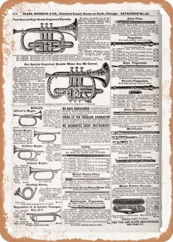 METAL SIGN - 1902 Sears Catalog Trumpets Page 220 - Vintage Rusty Look