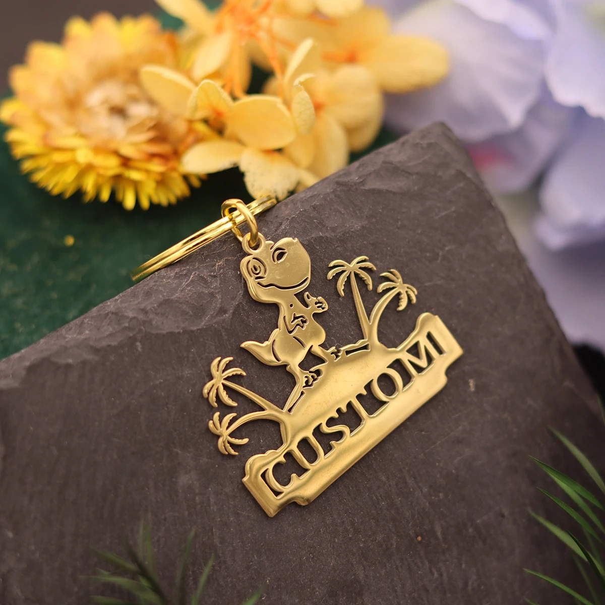 QIAMNI Stainless Steel Cartoon Dinosaur Keychain Custom Name Animal Keyring Handbag Car Key Holder for Women Men Decor DIY Gifts