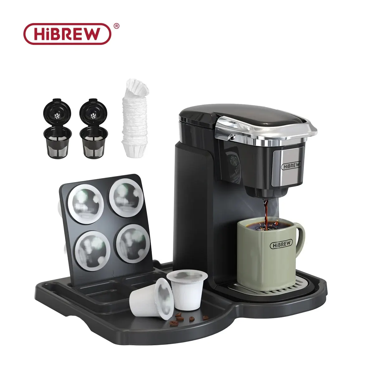 HiBREW Filter Coffee Machine Brewer for K-Cup Capsule& Ground Coffee, Tea Maker Hot Water Dispenser Single Serve Coffee Maker