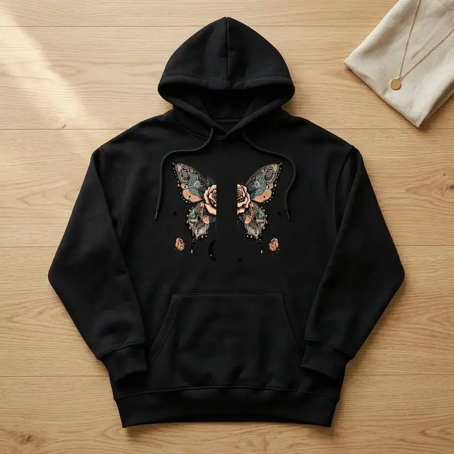 WomenRegular  Graphic Hoodie Butterfly Rose  Pattern Print Drawstring‑Hood Multi‑Pocket Black Casual‑Everyday‑Wear Cheap Clothes