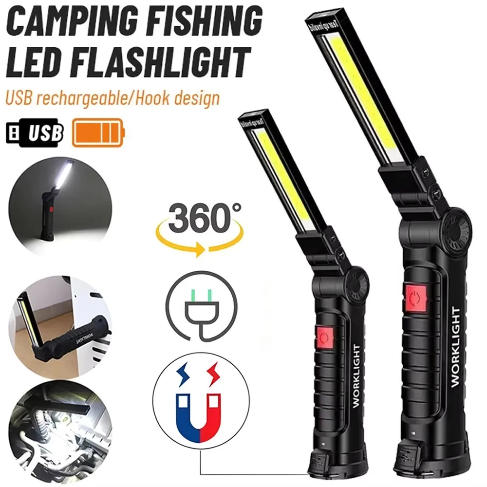 

Portable COB LED Work Light USB Rechargeable LED Flashlight Inspection Lamp With Magnetic Hook Power Bank 18650 Battery Torch