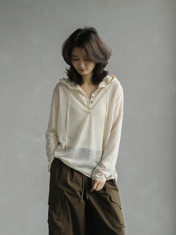 

Солнцезащитный вязаный топ с капюшоном и длинными рукавами, свободного кроя, из смесового льна и хлопка, мягкий на ощупь, весна-лето 2026, женский, Lazy Sle K...