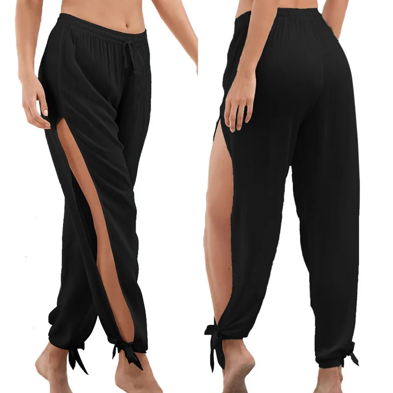 High Slit Hippie Harem Pants Sport Leggings Women Gym Clothing Casual Solid Hollow Elastic Waist Workout Wide Leg Pants Trousers