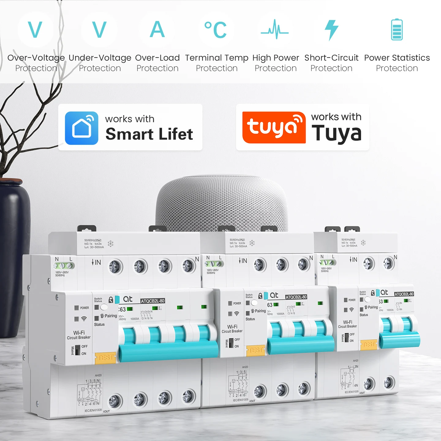 

TUYA WIFI RCBO Adjustable Smart Circuit Breaker Residual Current Circuit Breaker With Over Current and Leakage Protection 63A