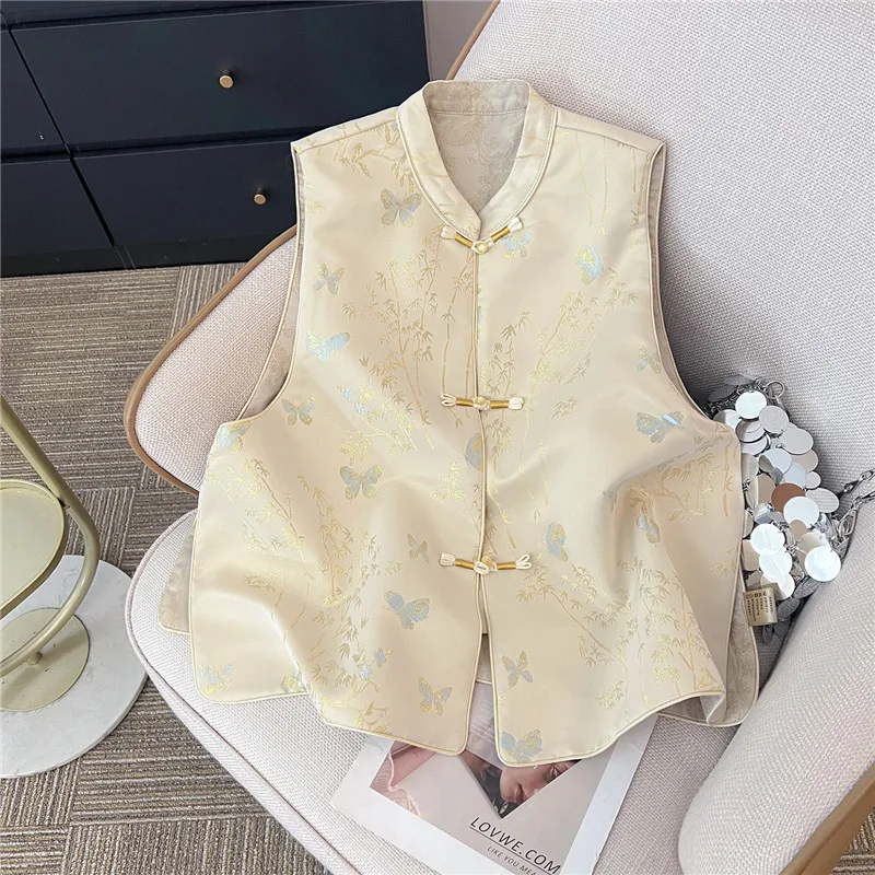 

New Chinese Sle Embroidered Flower Vest Women's Spring Summer Svel Outerwear High-End Feeling Stand Collar Bal Top