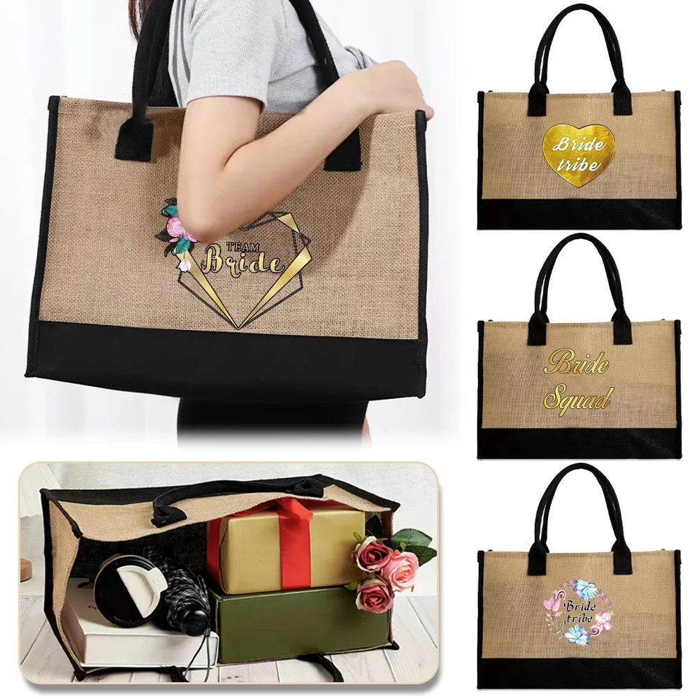 

Tote Bag Jute Handbag Portable Shoulder Shopping Casual Beach Bags Large Capacity Grocery Bags Printing Bride Series