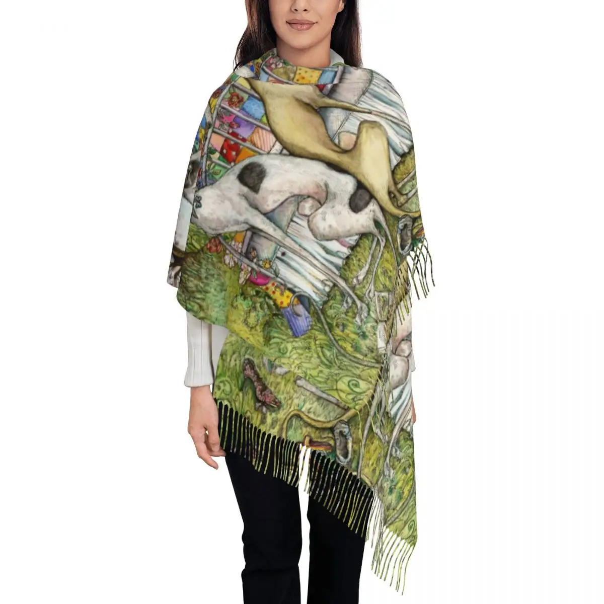 Custom Vintage Whippet Greyhound Dog Tassel Scarf Women Winter Warm Shawl Wrap Lady Hound Scarves