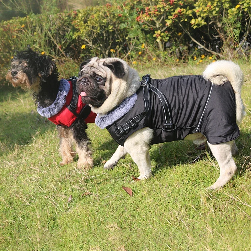 Waterproof Dog Clothes with Harness for Medium Large Dog Winter Warm Fur Collar Pet Dog Jacket Reflective French Bulldog Costume