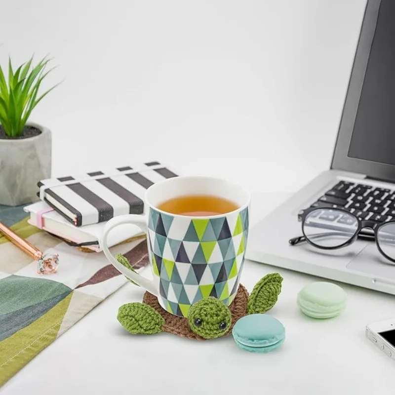 Turtle Coaster Rug for Drink Cup Mug, Handmade Crochet Knitting Animal Tortoise Shaped Mat Set Funny Desk Table Office Accessori