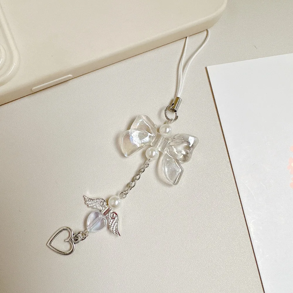 Love Pendant Heart Fringe Phone Lanyard Sweet Bowknot Love Heart Pendant Phone Strap Girly Backpack Charm Key Chain Pendant Gift