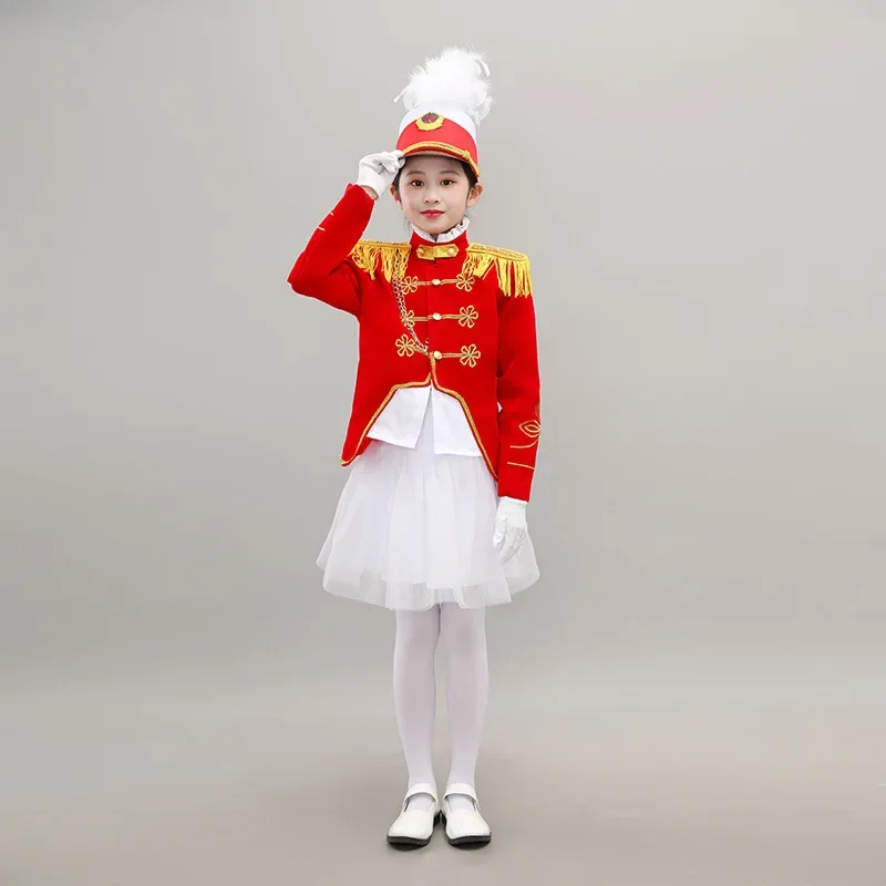 Kids Honor Guard Trumpet Team Costume Soldier Uniform Hat Honor Guard Uniform-Primary and Secondary School Student Drum Uniforms