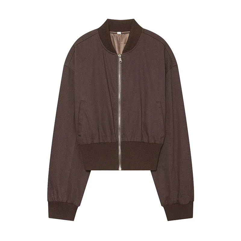 YENKYE Autumn 2026 Women Dark Brown Cropped Bomber Jacket Stand Collar Zip Up Long Sleeve Casual Outerwear With Pockets