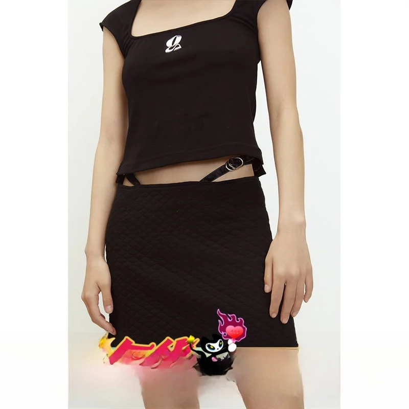 

Юбка с низкой талией в стиле ретро, из чистого хлопка, с поясом, синяя, сексуальная, винтажная, уличный стиль, H-образный силуэт, на молнии