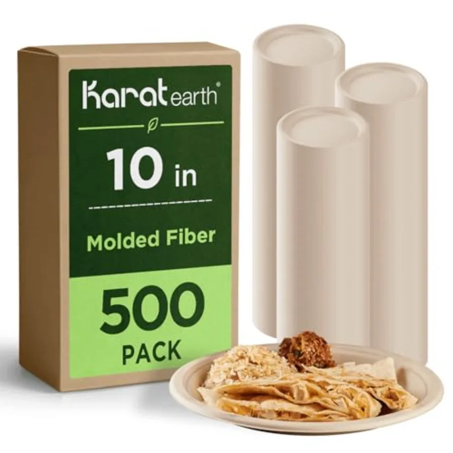 10-Inch Compostable Disposable Paper Plates 500 Pack Heavy-Duty, Molded Fiber, Eco-Friendly Bulk Package (Natural