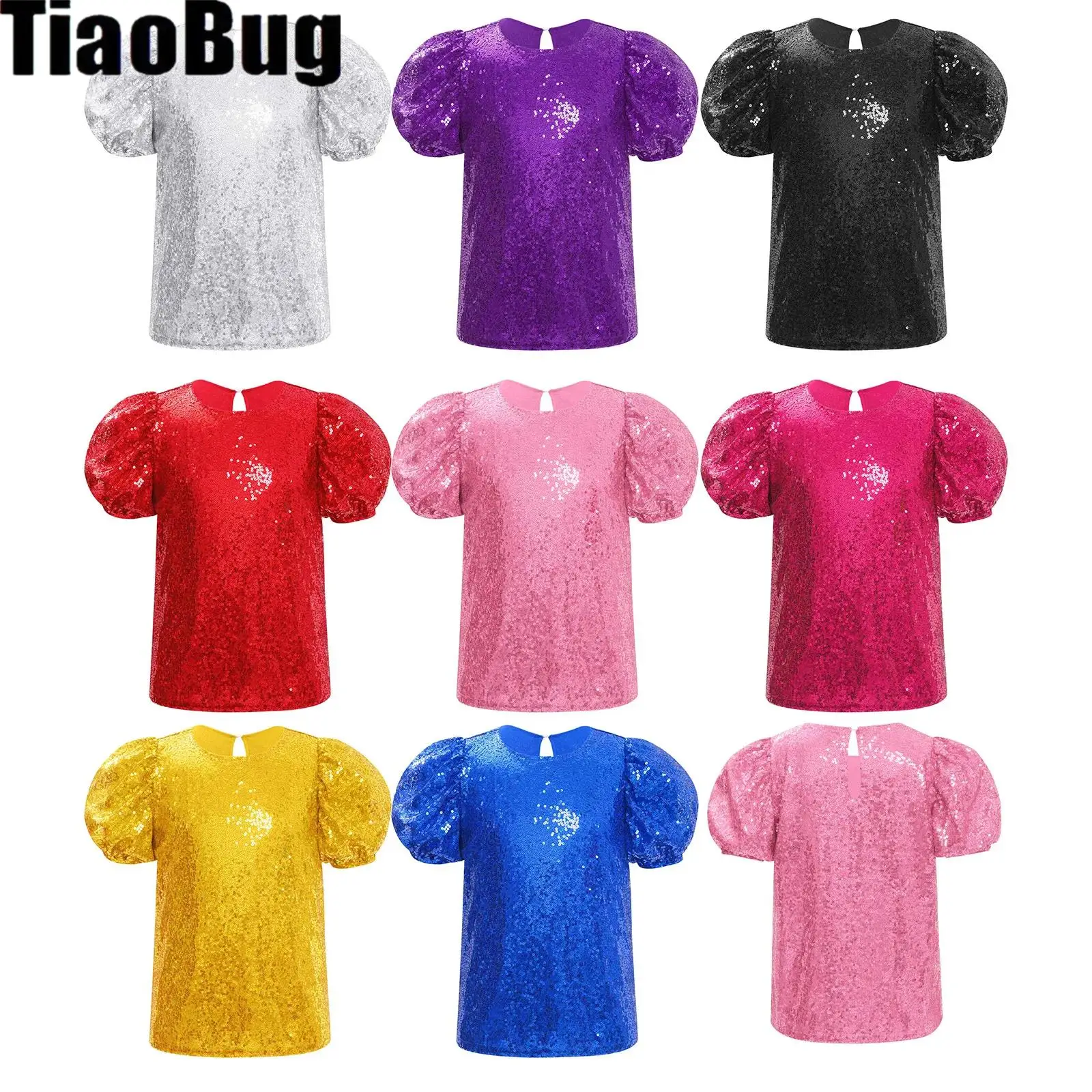 

Kids Girls Shiny Sequins Top Short Puff Sleeves Top for Jazz Dance Cheerleading Performance Competition