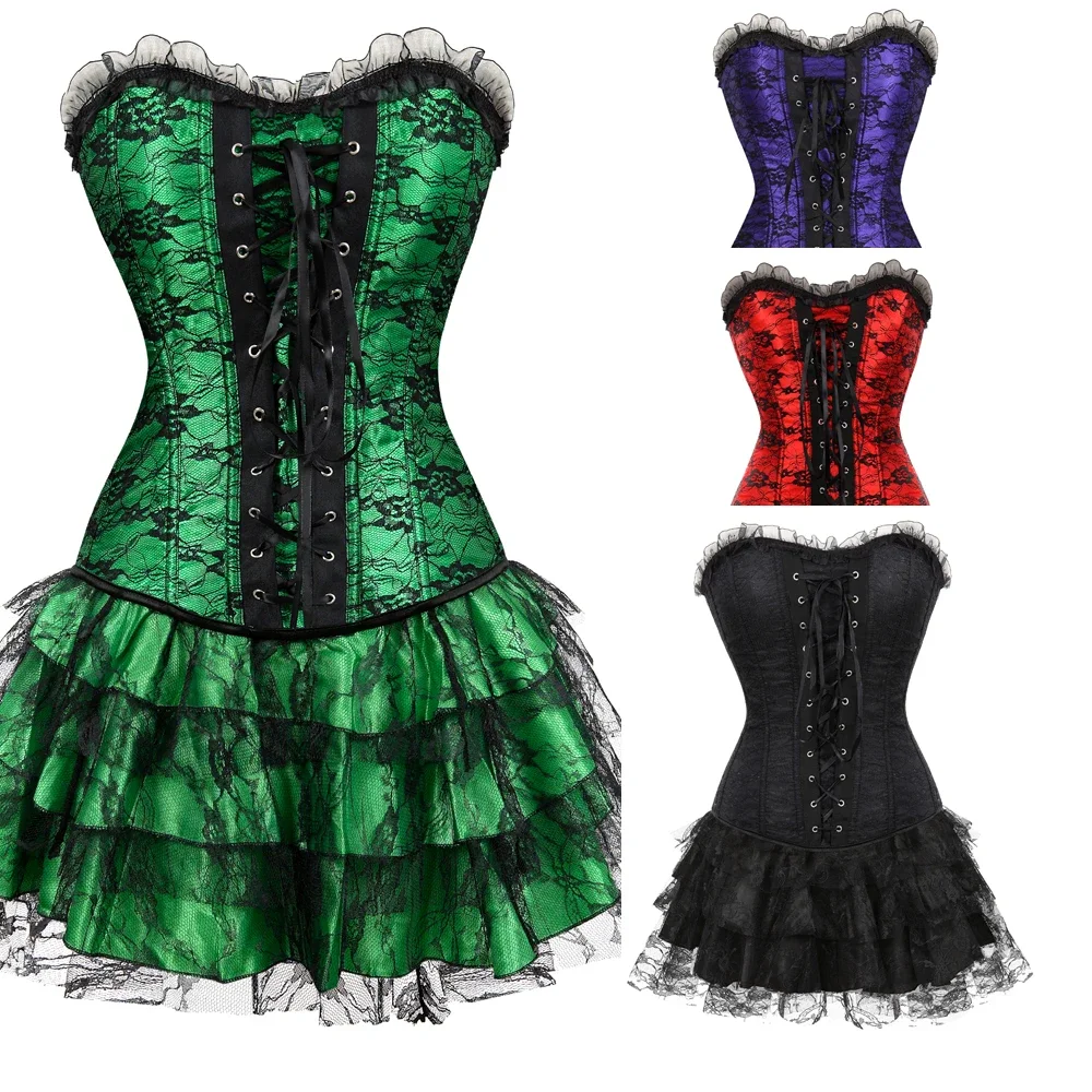 Burlesque Corset Skirt Masquerade Bustier with Layered Mini Skirts Set Gothic Women's Overbust Korsage Dress Party Costumes