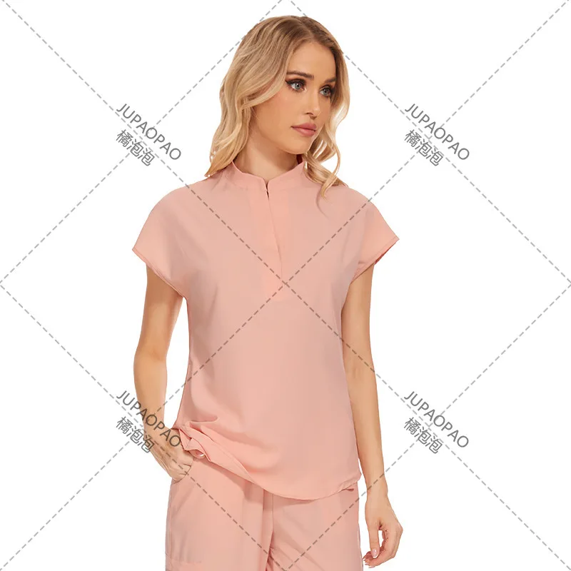 Ropa de mano de limpieza de secado rápido de alta gama, ropa de médico de manga corta, ropa quirúrgica, ropa de trabajo para salón de belleza para mujer