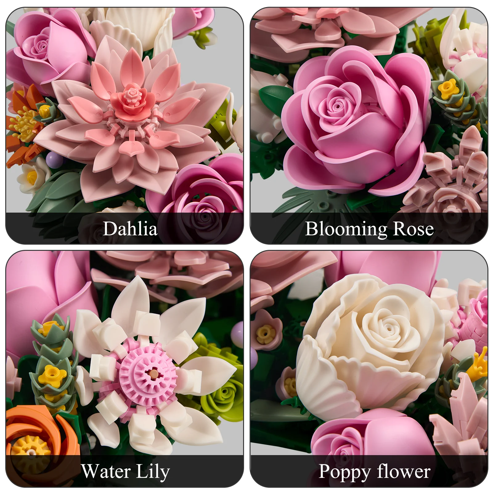 Crescent Floral Moon Building Blocks Set Artificial Botanical Flower Home Wall Room Decoration Office Decor Collection Gifts for Adults Women