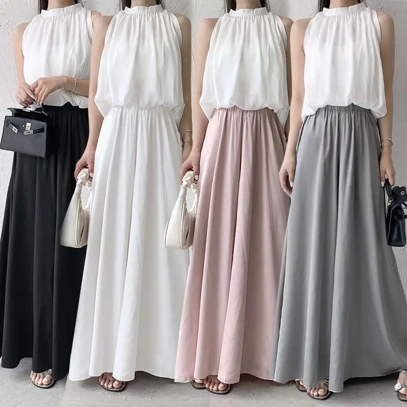 

Ice Silk Wide Leg Pants Women's Summer High Waist Casual Trousers Cleanfit Sle PVC Material Middle Age Suitable