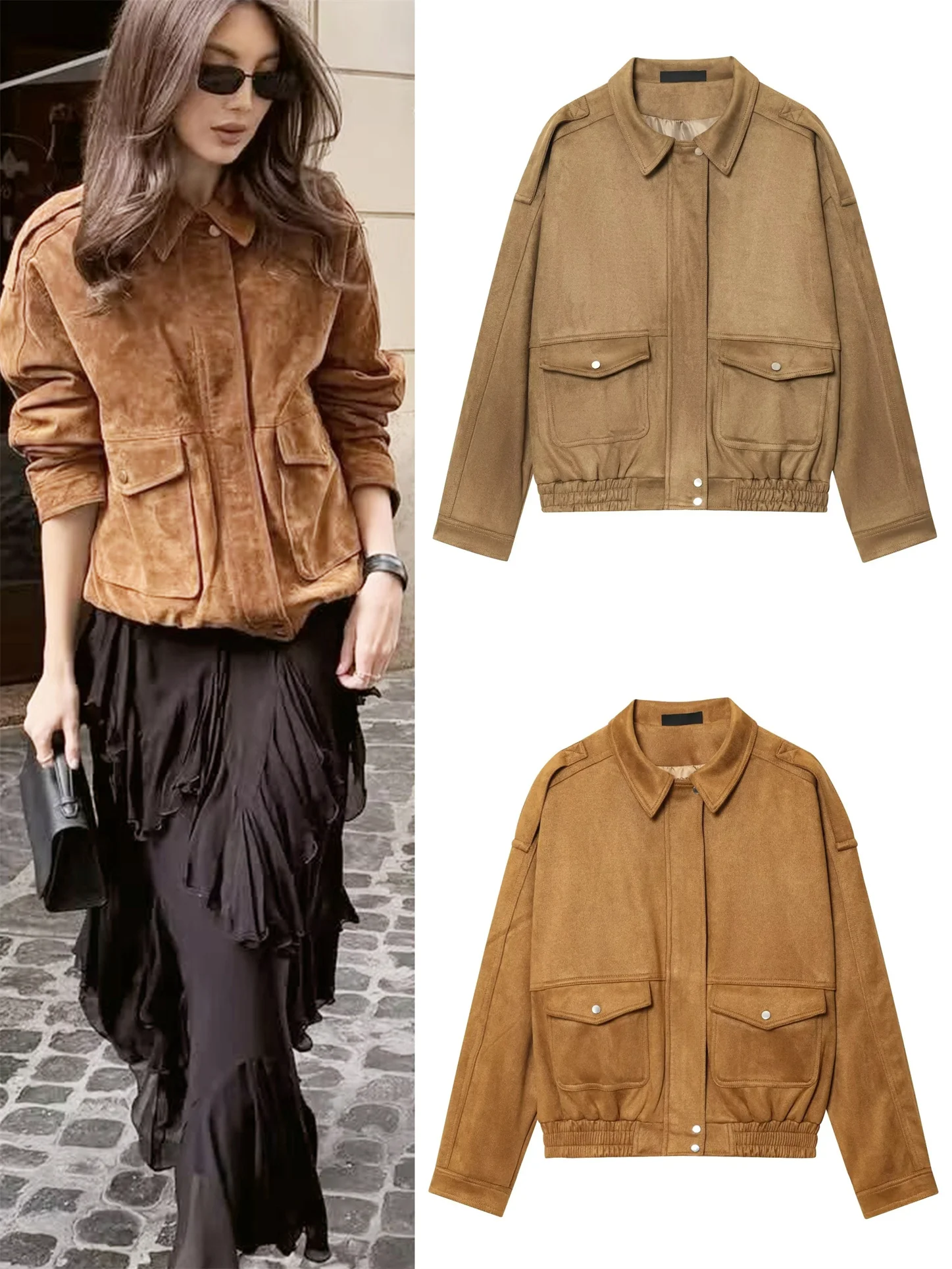 

Velvet Texture Jaet Women's Autumn New American Retro Lapel Long Sve Loose Faion Top Quali Material Straight Cut