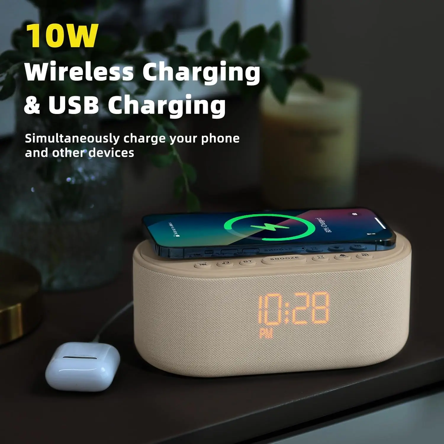 Wireless Charging Alarm Clock with Bluetooth Speaker & 21 Soothing Sounds for Better Sleep