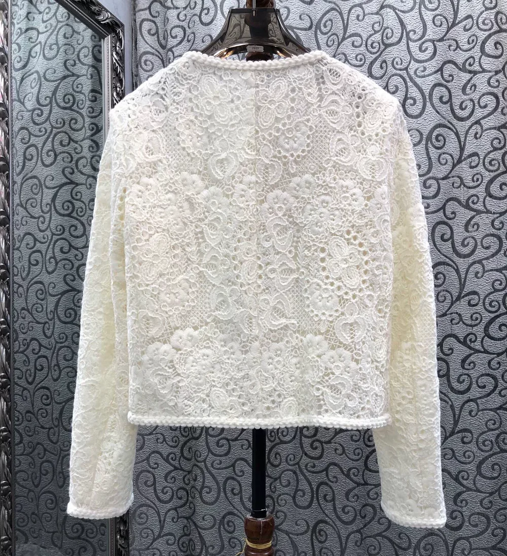 2026 Autumn Fashion Coats High Quality Women Allover Crochet Lace Flower Patterns Long Sleeve Casual White Tops Coat Outwear