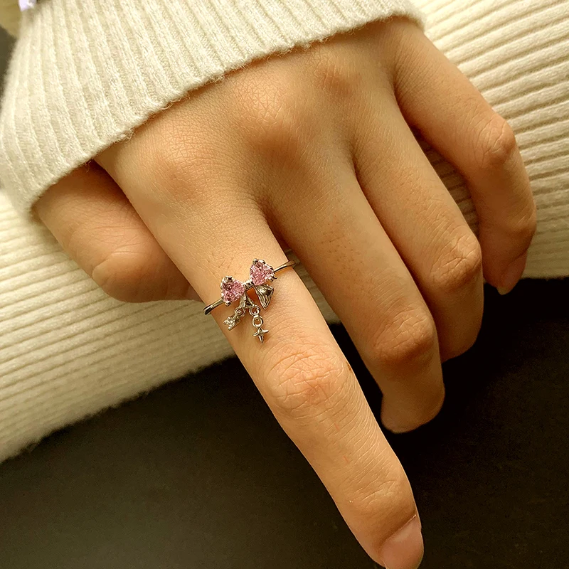 Fashionable and Authentic S925 Silver Pink Bow Creative Ring, Versatile and Elegant Women's Ring for Daily Commuting