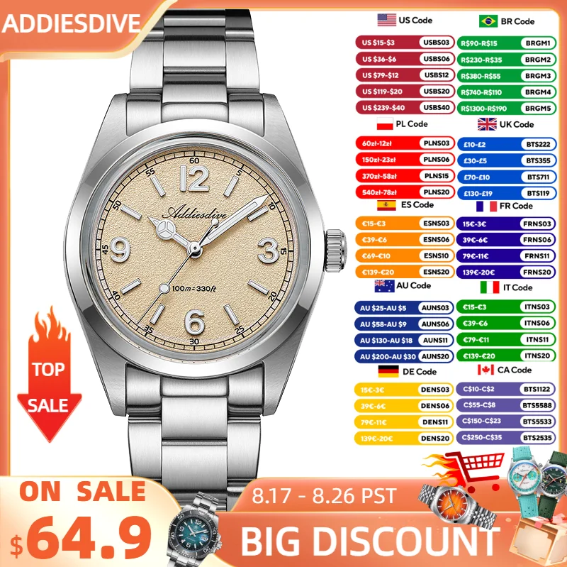 ADDIESDIVE Neue Uhr Männer 36mm Quarz Armbanduhr Gewölbtes Glas 100m Wasserdicht BGW9 Leuchtende Edelstahl Kleid VH31 Uhr