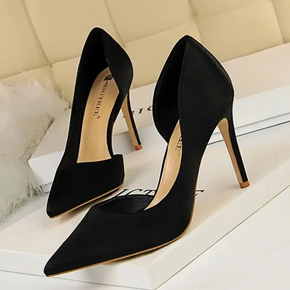 Ladies Shoes Style Slim Satin Shallow Cut Pointed Side Sexy Nightclub Slimming Single Shoe Women's High Heels Pumps туфли женски