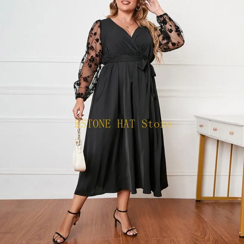 49MF Abito midi fluido da donna sexy in rete trasparente a maniche lunghe con scollo a V increspato e allacciatura laterale in