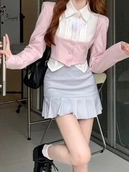 Fashion 3 Piece Set Skirt Woman Kawaii Uniform Suit Casual Shirt + Pink Short Tops + Slim Y2k Mini Skirt Japanese 2023 Autumn