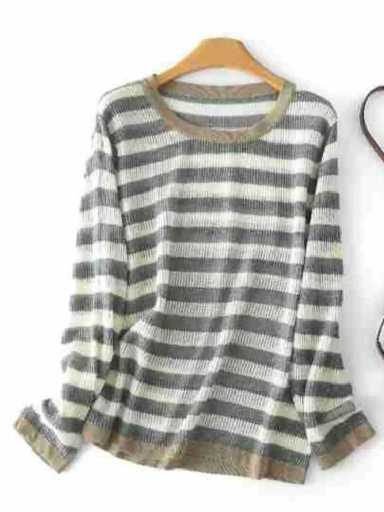 2023 Autumn Clothes Women Sweaters Plus Size Loose Casual O-neck Wide Strip Long Sleeved Knitwear Curve K8 8283