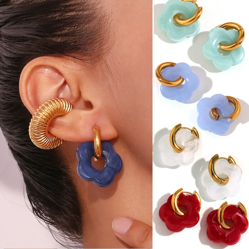 Colorful Flower Resin Acrylic Charms Earring Gold Color Circle Ear Buckle Hoop Earrings Fashion Jewelry for Women