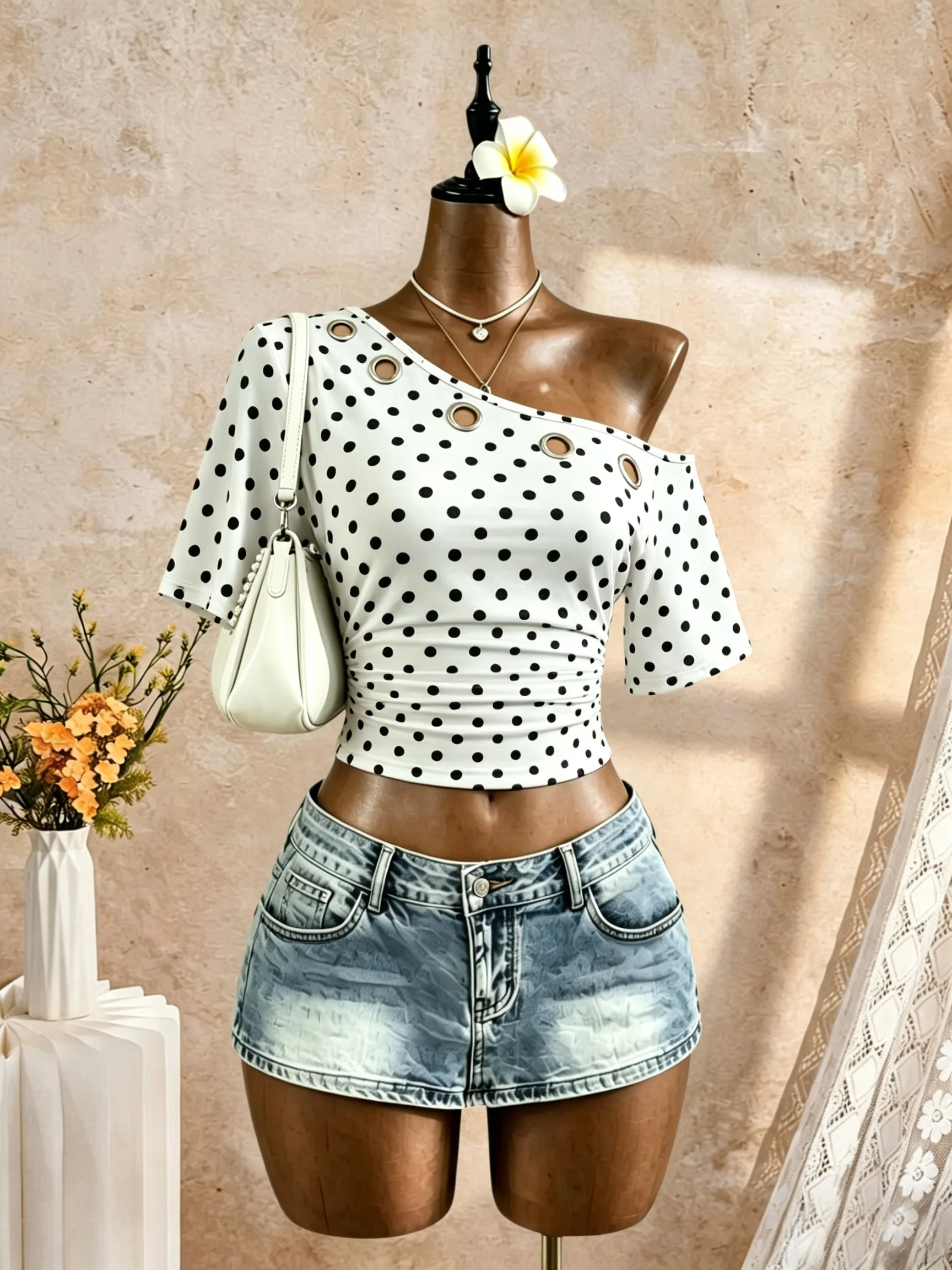 Damen One-Shoulder-Top mit Ösen, Metallring-Ausschnitt, kurzen Ärmeln, gerafftem Seitenbund, schmaler Passform, Y2K, lässig, für den Alltag, Streetwear, T-Shirts, Tops – Detail 10