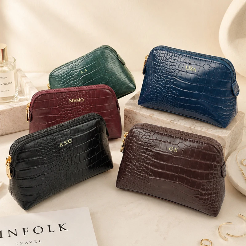 Luxury Crocodile Leather Pattern Cosmetic Bag Zip Custom Name Woman Vintage Shell Travel Make Up Bag Diy Wholesale Gift Pouch