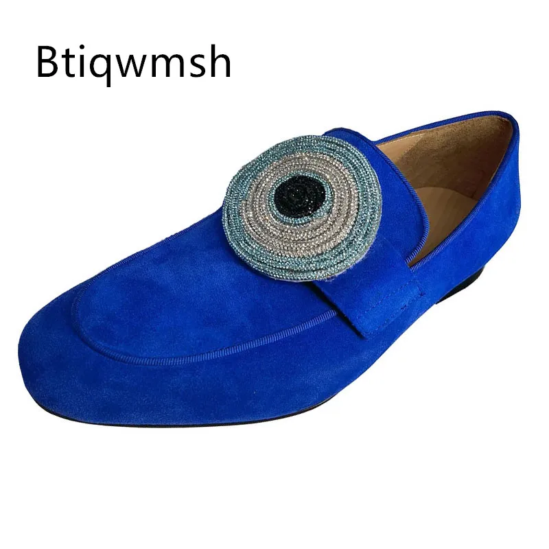 Blue Rhinestone Eyes Shoes Man Pointed Toe Suede Leather Flats Male Sexy Party Shoes