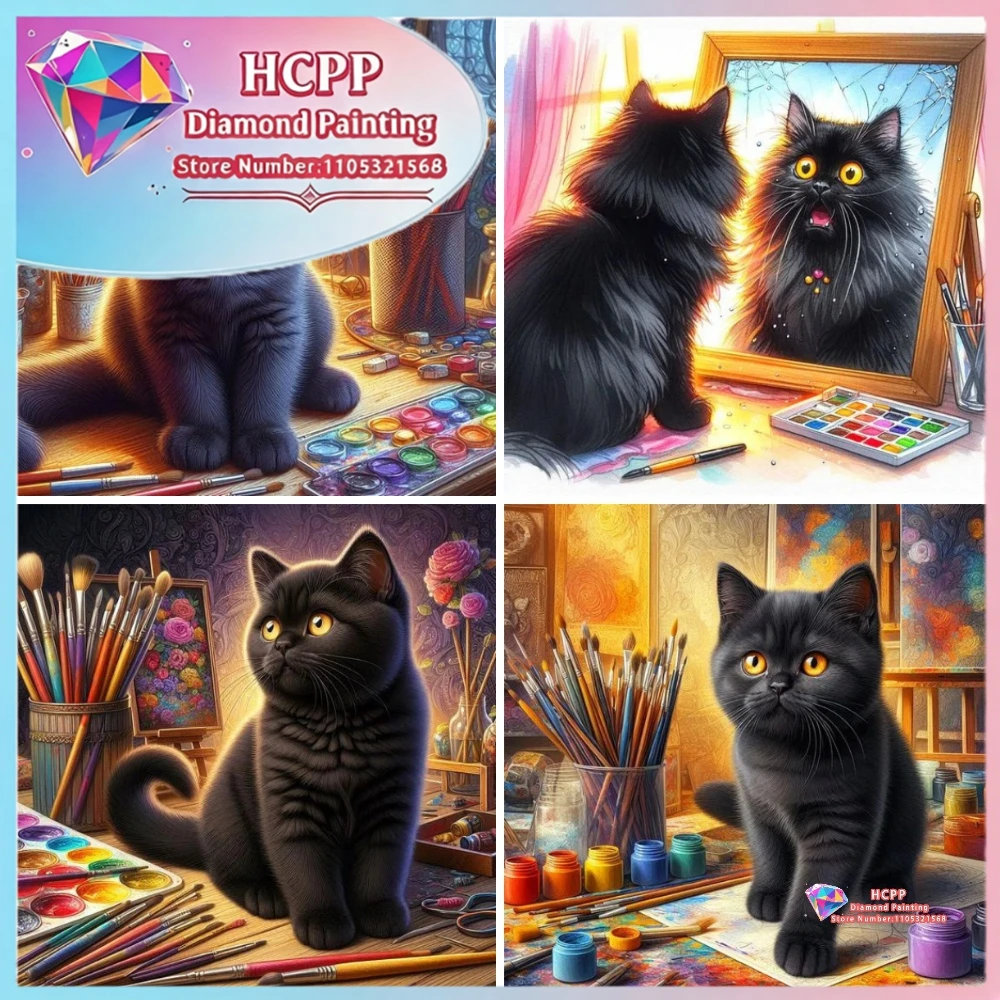 Lustiges Diamant-Malset mit schwarzer Katze, quadratische und runde Diamanten, 5D-DIY-Mosaik, handgefertigte Kunst, einzigartiges, exquisites Geschenk, Kunsthandwerk, Heimdekoration